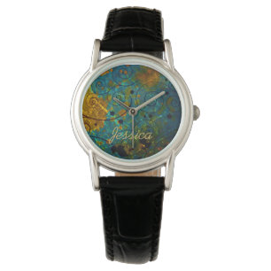 Montre Élégant motif de vigne abstrait bleu et or personn