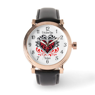 Montre Elégant motif et nom du coeur rouge et noir