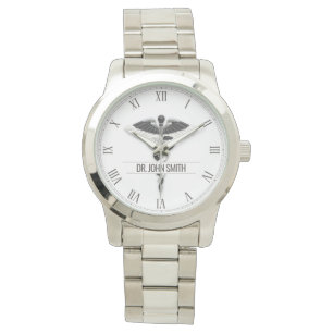 Montre Elégant Noir Blanc Médicale Classy Caduceus Nom