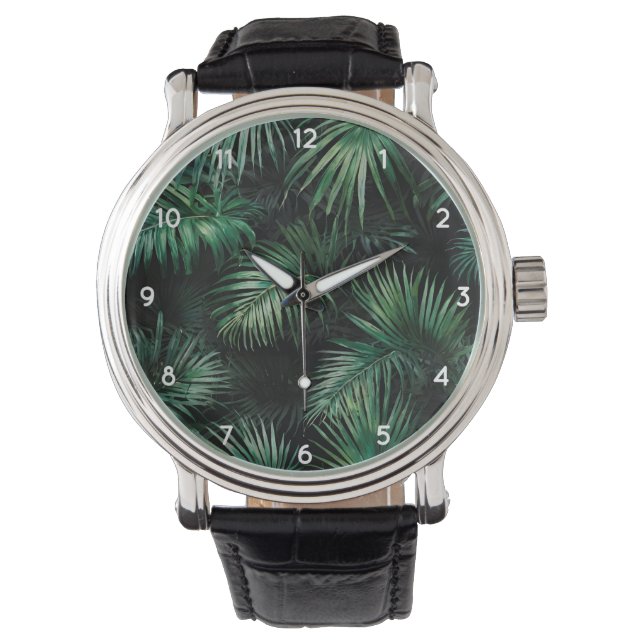 Montre Élégant noir vert foncé Tropical Palm Feuille (devant)