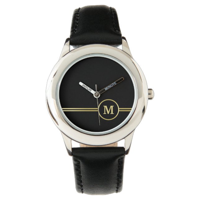 Montre Élégant or Monogramme personnalisé sur noir (devant)