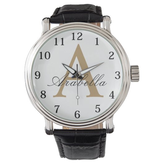 Montre Élégant Or Noir Monogramme Personnalisé Nom (devant)