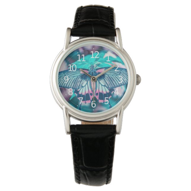 Montre Élégant Papillon Turquoise Gros plan | Femmes (devant)