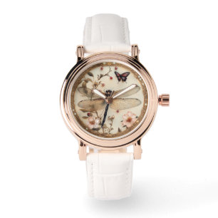 Montre Élégant Papillons libellules Fleurs roses