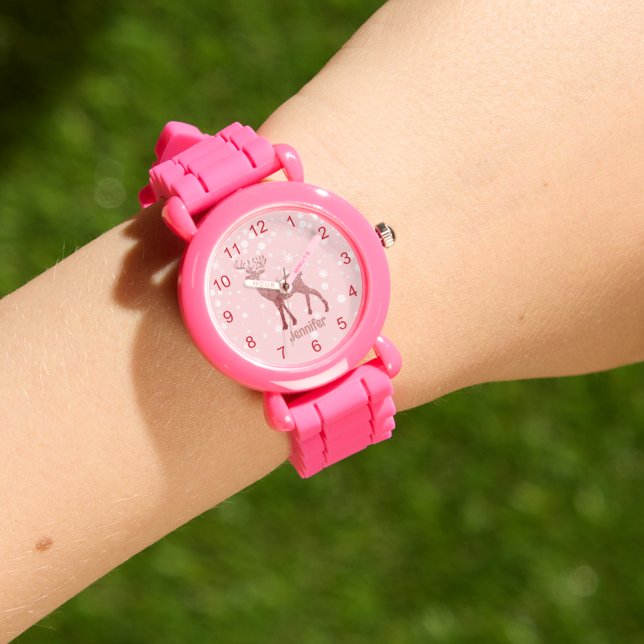 Montre élégant rennes de parties scintillant rose neigeux (Créateur téléchargé)