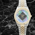 Montre Élégante 24e anniversaire du Mariage Opal<br><div class="desc">Célébrez le 24ème anniversaire du mariage opal et un amour qui résiste à l'épreuve du temps avec cette montre élégante ! Un élégant lettrage noir et blanc avec des confettis hexagonaux sur un arrière - plan opal iridescent ajoute une touche mémorable pour cette occasion spéciale et un jalon extraordinaire. Personnalisez...</div>