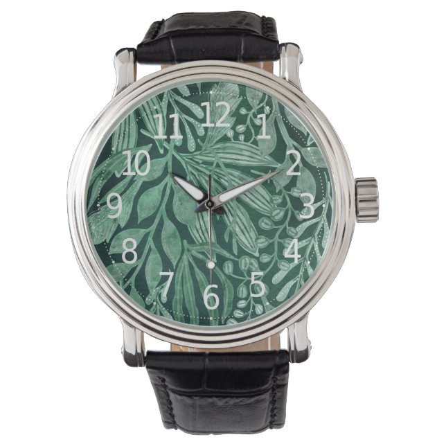 Montre Elégante aquarelle Botanique Vert Feuille (devant)