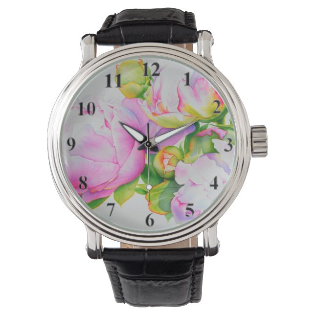 Montre Elégante aquarelle fleurie de pivoine rose (devant)