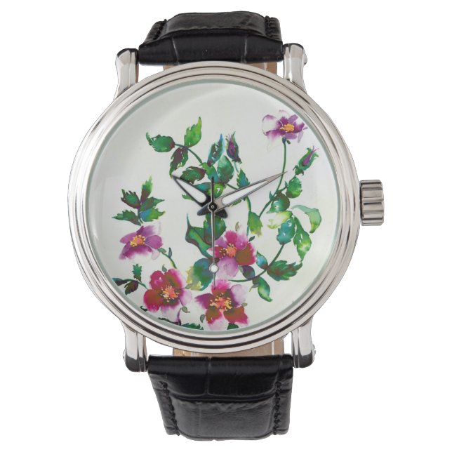 Montre Elégante aquarelle moderne fleur sauvage rose fonc (devant)