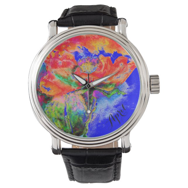 Montre Elégante aquarelle rouge florale abstrait pavot (devant)