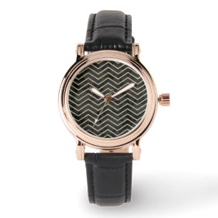 Montre Elégante femme en marbre noir et or Chevron