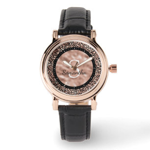 Montre Élégante Monogramme Imprimé Léopard Rose Doré Chic