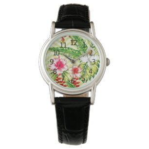 Montre Élégants Feuilles tropicaux et fleurs d'Hibiscus  