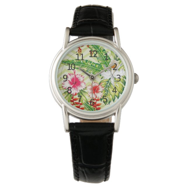 Montre Élégants Feuilles tropicaux et fleurs d'Hibiscus | (devant)