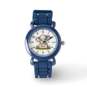 Montre Éléphant de bébé mignon tenant un panneau de nom