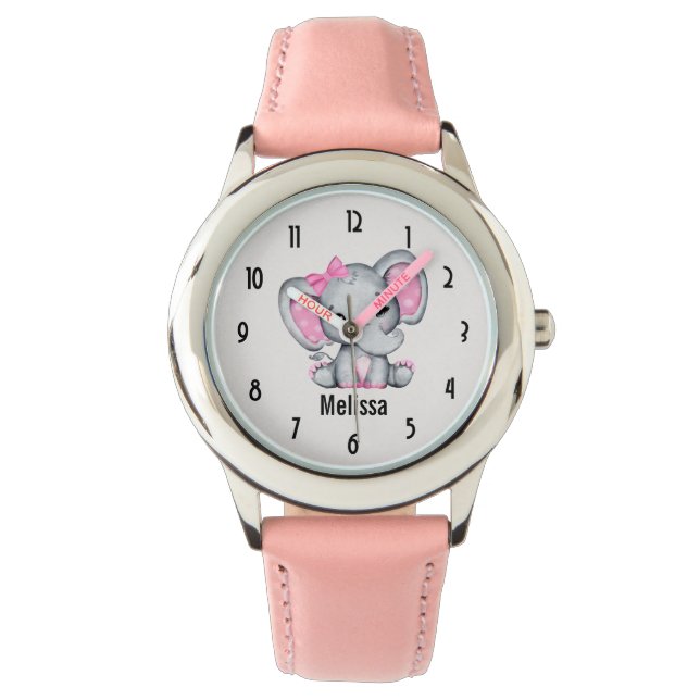 Montre Eléphant de bébé rose mignon avec oreilles Poka Do (devant)