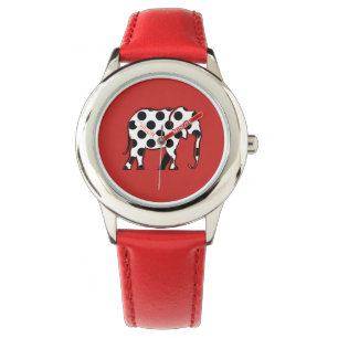 Montre Éléphant motif à pois noir et blanc Rouge
