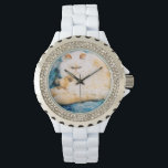 Montre émail et strass avec chat persan<br><div class="desc">Cette montre émail et strass est conçue avec ma photo d'un persan de couleur ambre sur un couvre-lit bleu à fleurs.</div>