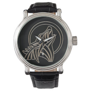 Montre Emblème métallique tribal de loup d'hurlement