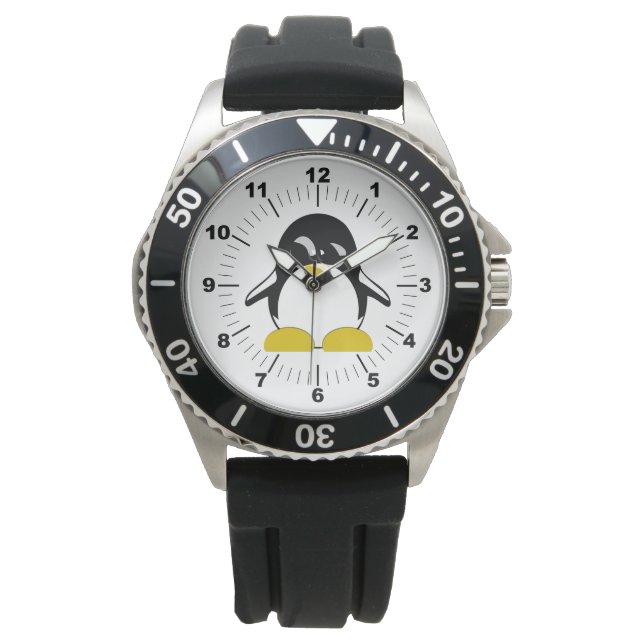 Montre en caoutchouc noir en acier pingouin pour h (devant)