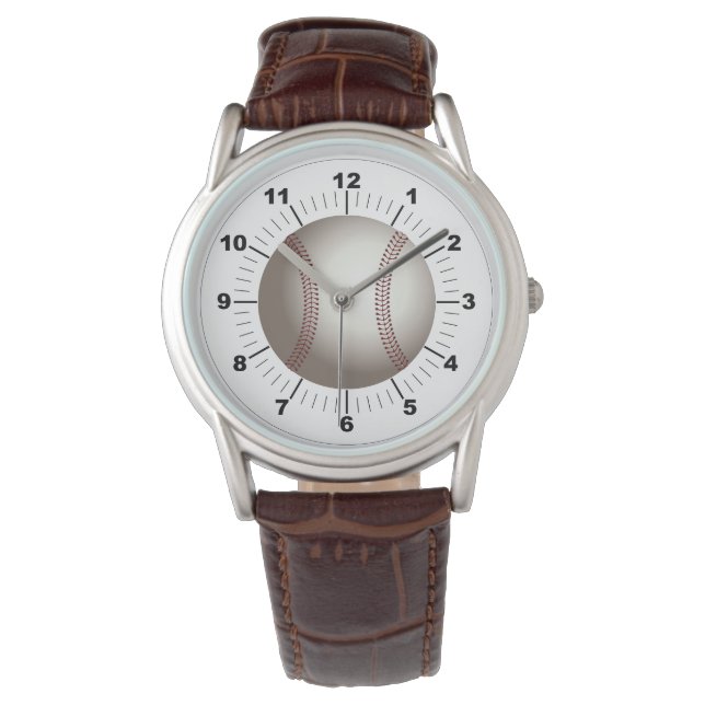 Montre en cuir Brown classique de baseball masculi (devant)