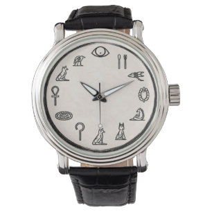 Montre en cuir noir avec hiéroglyphes égyptiens an