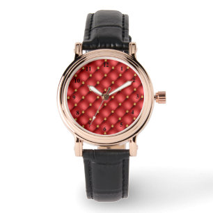 Montre en cuir rouge à boutons diamantés or