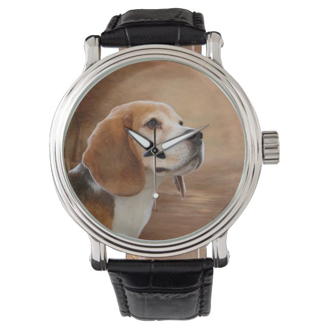 Montre en cuir Vintage beagle, Cuir noir (devant)