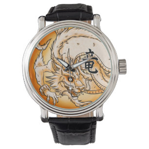 Montre en cuir vintage de noir chinois de dragon