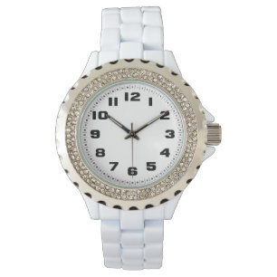 Montre en émail blanc avec strass pour femmes