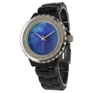 Montre en émail noir Hibiscus bleu