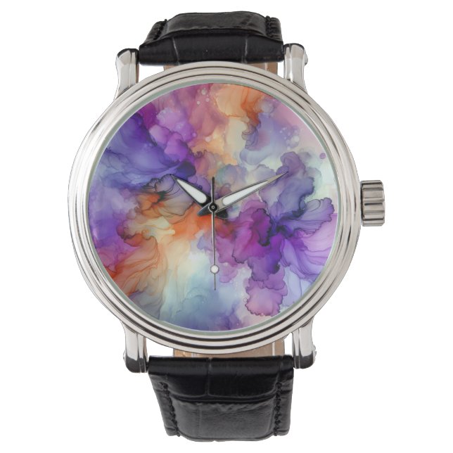 Montre Encre d'alcool orange et violet Abstraite (devant)