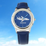 Montre Enfants Avion Garçons Bleu Nom personnalisé<br><div class="desc">Bleu,  avion,  avion,  avion,  avion,  transport,  véhicule,  surveiller les enfants. Personnalisé,  Enfants,  Nom,  acier bleu garçons montre. Personnalisez-le avec le nom de votre enfant.</div>