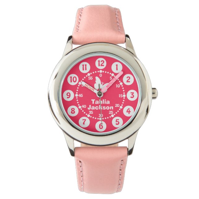 Montre Enfants filles rose & blanc nom complet bracelet (devant)