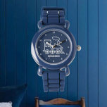 Montre Enfants Train Boys Blue Custom Name<br><div class="desc">Bleu,  train,  transport,  locomotive,  véhicule,  attention aux enfants. Personnalisé,  Enfants,  Nom,  acier bleu garçons montre. Personnalisez-le avec le nom de votre enfant.</div>