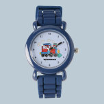Montre Enfants Train Boys Blue Custom Name<br><div class="desc">Bleu,  train,  transport,  locomotive,  véhicule,  attention aux enfants. Personnalisé,  Enfants,  Nom,  acier bleu garçons montre. Personnalisez-le avec le nom de votre enfant.</div>