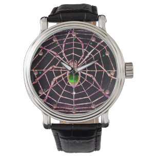 Montre ÉPIDON ET WEB Vert Émeraude Gemmes rose, Noir