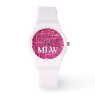 Montre Faire Personnaliser Monogramme Hot rose Faux Croco