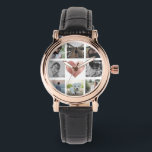 Montre Famille Photo Collage Rose Gold Heart Keepsaké Chi<br><div class="desc">Une montre de collage photo moderne et tendance carré Instagram avec un coeur en or rose imitation douce entourée de vos photos de famille préférées. Grand cadeau de conservation avec tous vos souvenirs les plus précieux.</div>