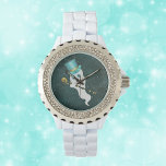 Montre Fantôme de nuit bleu ciel Top Hat crâne Canne<br><div class="desc">Cette montre à poignet a un fantôme blanc fantaisiste flottant dans un ciel étoilé portant un chapeau bleu et tenant une canne noire taillée en or avec un crâne doré sur le dessus.</div>