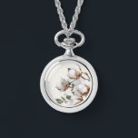 Montre Farmhouse Cotton Botanical Necklace<br><div class="desc">A soft cotton botanical design gives this necklace a warm farmhouse aesthetic. Featuring delicate cotton blossoms in neutral tones, this piece blends rustic charm with timeless style. Perfect for everyday wear or as a thoughtful gift, the natural cotton artwork pairs beautifully with farmhouse, cottage, and country-inspired fashion. A subtle and...</div>