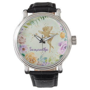 Montre Fée de Parties scintillant d'or mignonne aux fleur