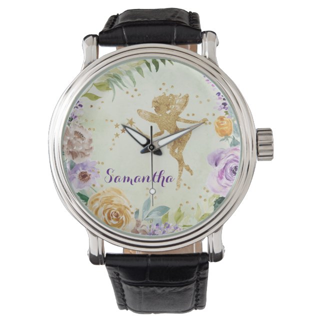 Montre Fée de Parties scintillant d'or mignonne aux fleur (devant)
