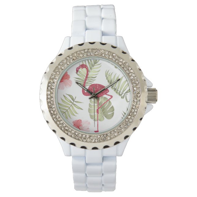 Montre féminine Flamant rose rose étincelante (devant)