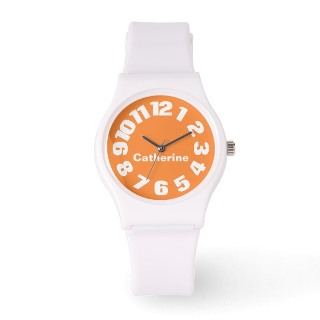 Montre féminine personnalisée, blanche et orange b (Recto)