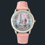 Montre Femme à Paris Regarder avec la Tour Eiffel<br><div class="desc">Montres avec Jolie Femme avec Balloon de Coeur Rose à Paris Tour Eiffel Dessin romantique - ou Choisissez / Ajoutez Votre Texte / Police / Couleur - Faites votre cadeau de montre spécial - Redimensionnez et déplacez ou ajoutez des éléments - Image / texte avec outil de personnalisation ! -...</div>