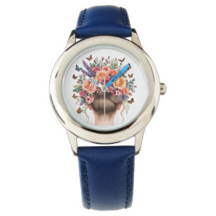 Montre Femme couronnée de fleurs avec roses et papillons