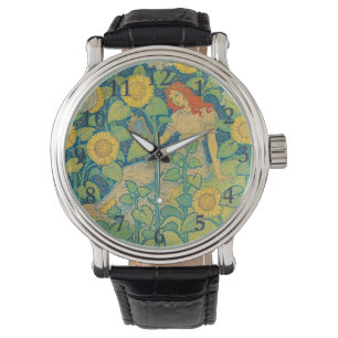 Montre Femme-fille de fleurs dans le jardin de tournesol