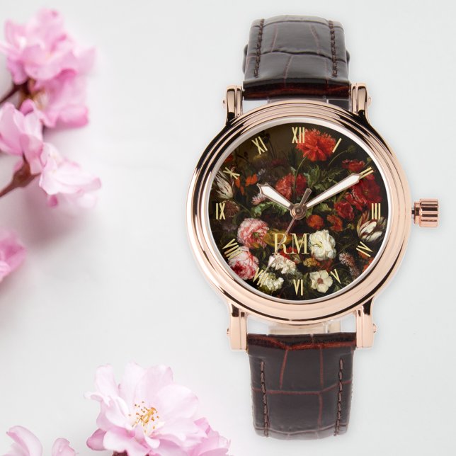 Montre Femmes Floral Art Élégant Rose Or Monogramme (Womens Floral Art Elegant Rose Gold Monogrammed Watch)