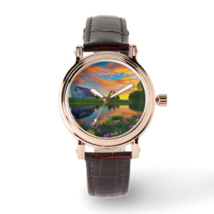 Montre Ferme Toit pourpre Étang à Sunrise